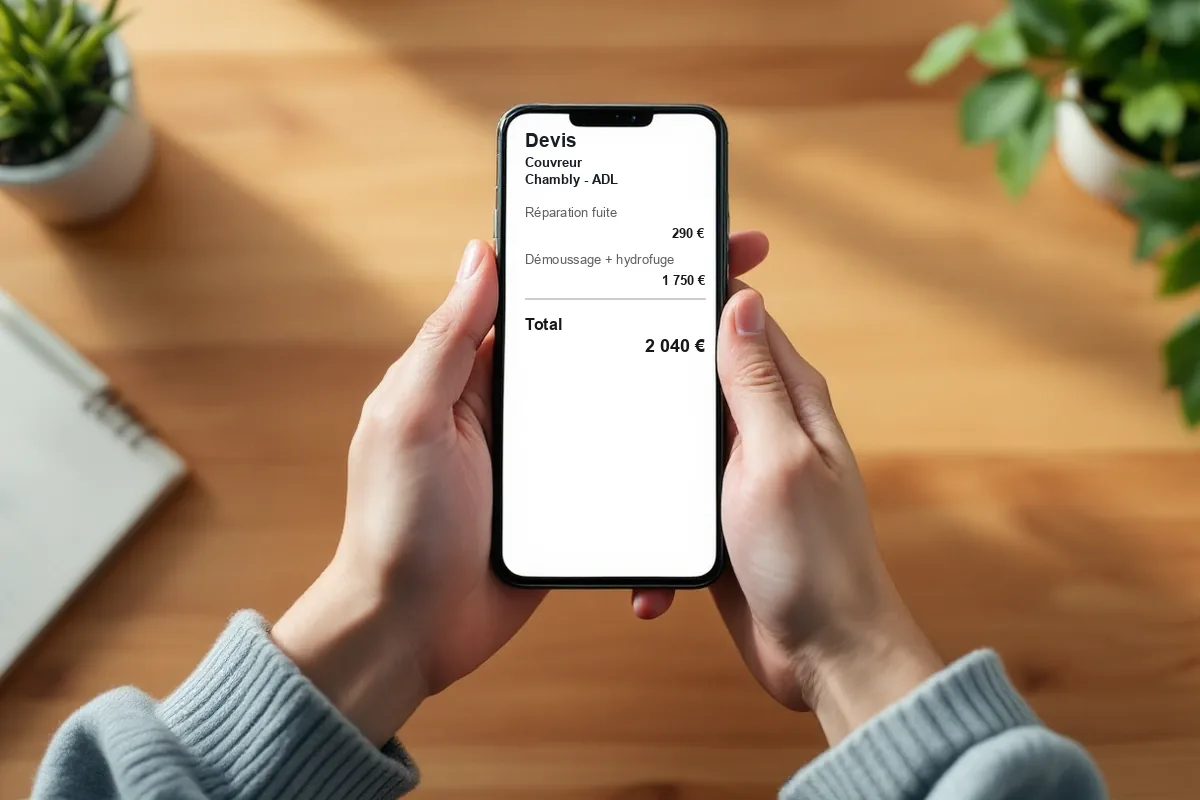 Devis couvreur à Chambly détaillé et transparent affiché sur smartphone